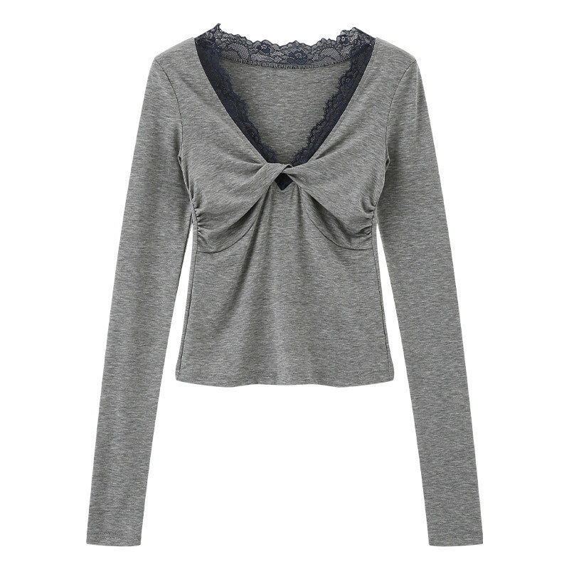 2AM POETRY Tencel Slimming, Waist-Defining, Straight-Shoulder Lace-Trimmed V-Neck Long-Sleeve T-Shirt