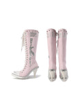 Studded Graphic Canvas Knee-High Heeled Boots