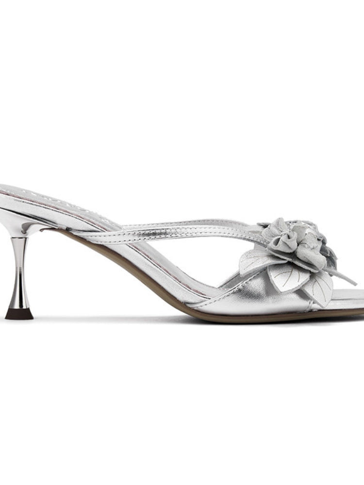 Arcadiagyal Original Design Silver Handmade Lambskin Floral Block Heel High Heels Sandals Slippers 4