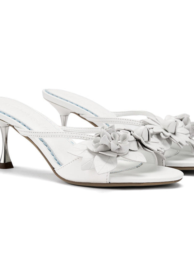 Arcadiagyal Original Design White Wedding Floral Lambskin Block Heel High Heel Sandals
