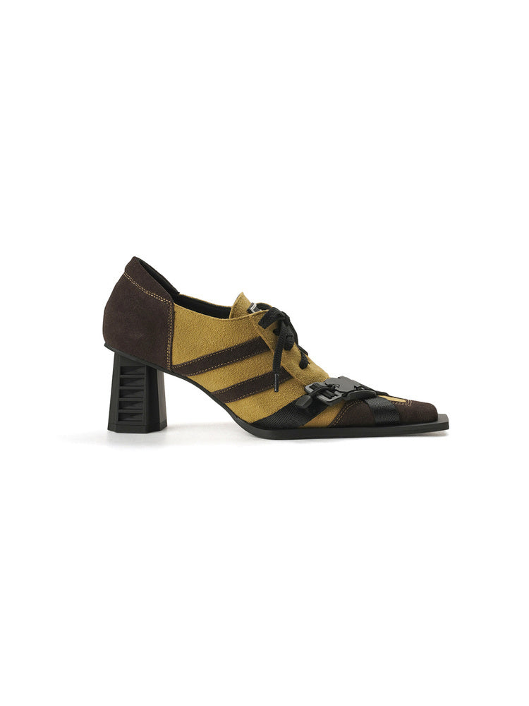 Contrast Lace-Up Block Heel Pumps