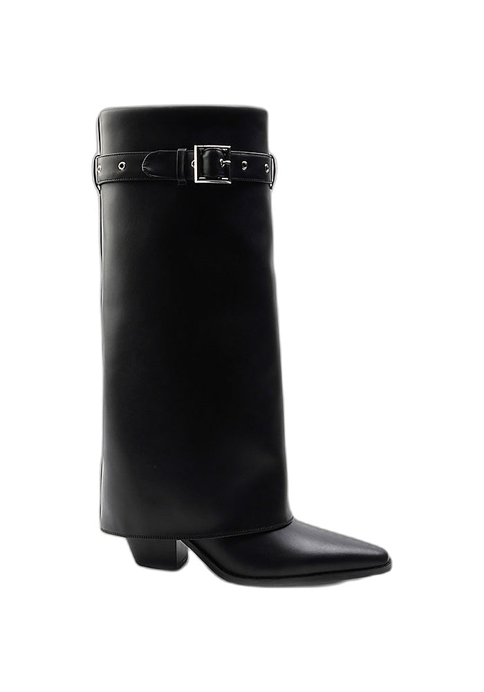 Calfskin Fold-Over Knee High Boots 6.5CM Block Heel Pointed Toe Buckle Strap Western Tall Boots