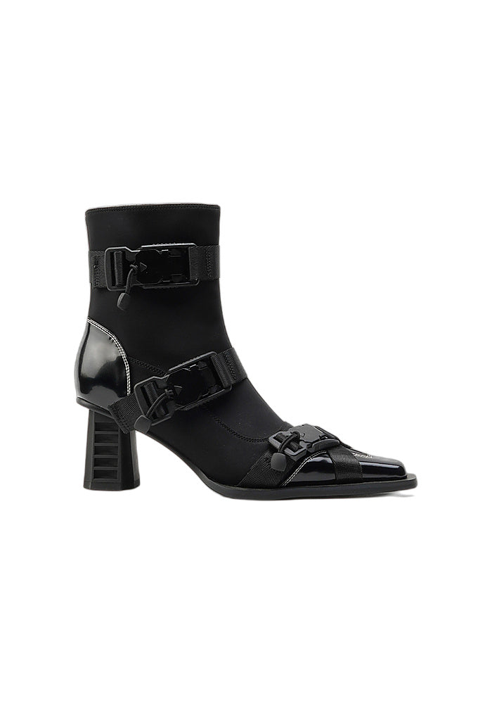Techwear Stretch Satin Ankle Boots 6.5CM Grooved Block Heel Square Toe Quick Release Buckle Strap Gothic Booties