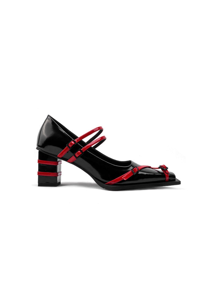 Patent Leather Red Contrast Strap Square Toe Mary Jane Pumps 6CM Color Block Block Heel Designer Heels