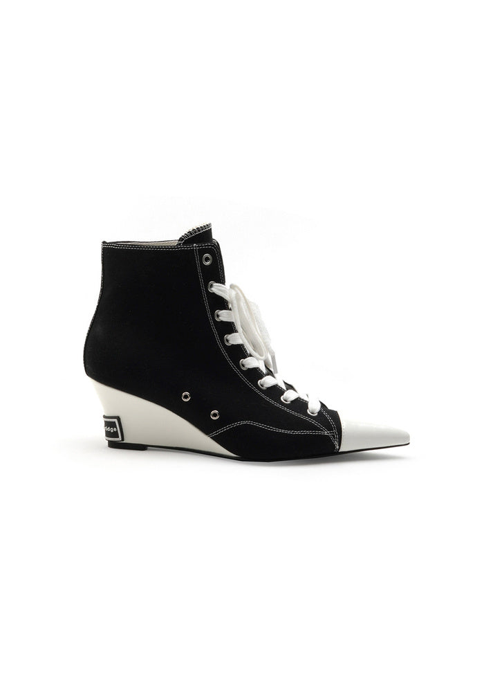 Contrast Canvas Wedge Ankle Boots 5.5CM Wedge Heel Pointed Toe Lace-Up High Top Sneaker Booties