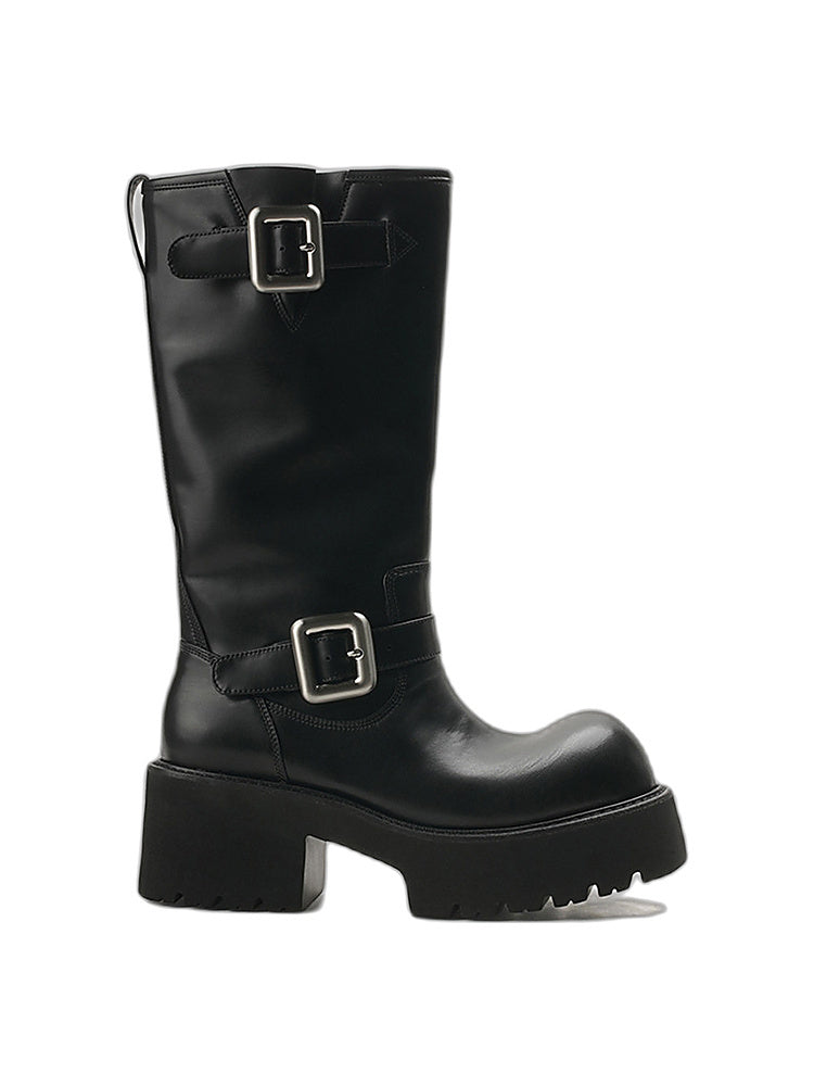 Double-Buckle Platform Mid-Calf Boots