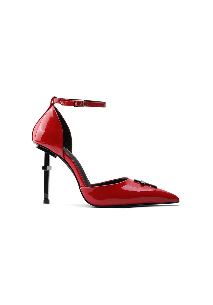 Patent Leather Ankle Strap Stiletto Pumps 10CM Cross Sculpted Heel Hollow Pointed Toe Avant-Garde Gothic Heels
