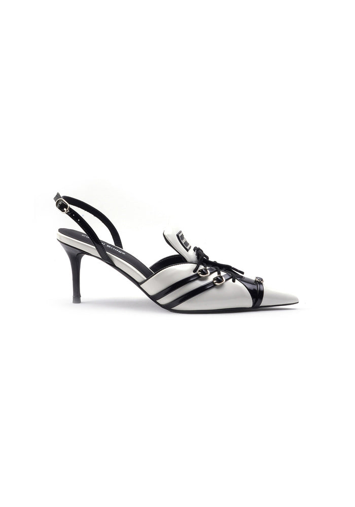 Patent Leather Lace-Up Slingback Pumps 7.5CM Stiletto Heel Pointed Toe Contrast Color Designer Mules
