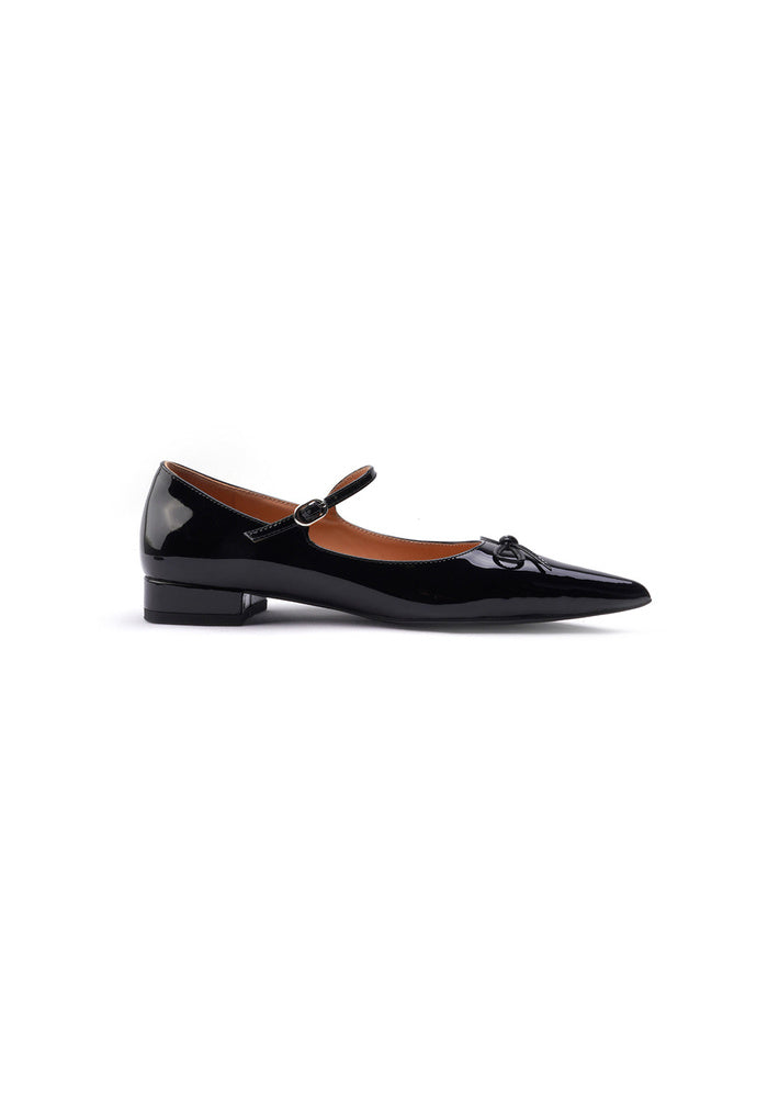 Black Patent Leather Mary Jane Flats 2.5CM Low Block Heel Pointed Toe Bow Pumps