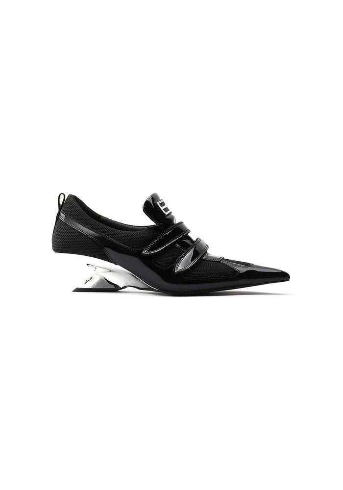 Patent & Mesh Hybrid Pointed Toe Wedge Pumps 5CM Futuristic Avant-Garde Velcro Strap Designer Heels
