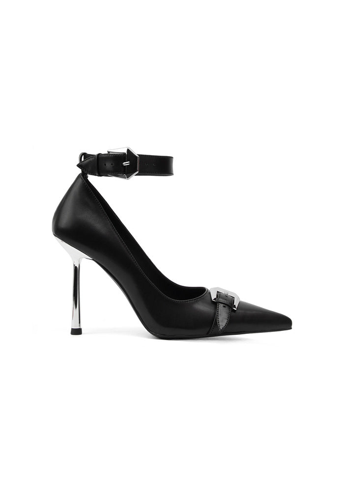 Leather Metal Buckle Ankle Strap Pointed Stiletto Pumps 10CM Business Avant-Garde Designer Heels