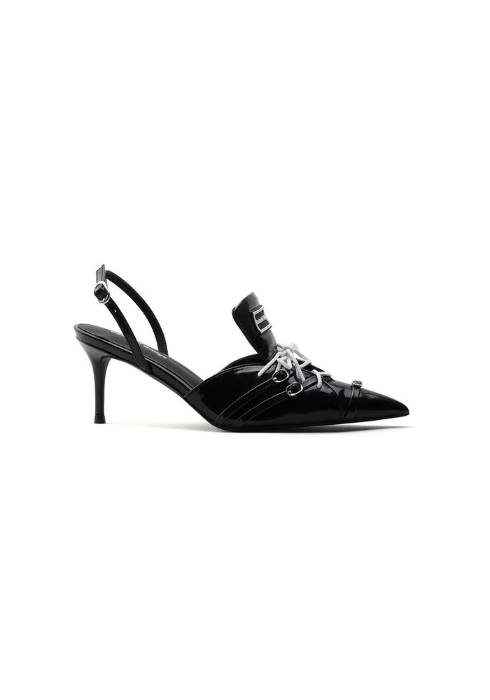 Patent Leather Lace-Up Pointed Toe Slingback Pumps 7.5CM Thin Stiletto Heel Y2K Avant-Garde Mules