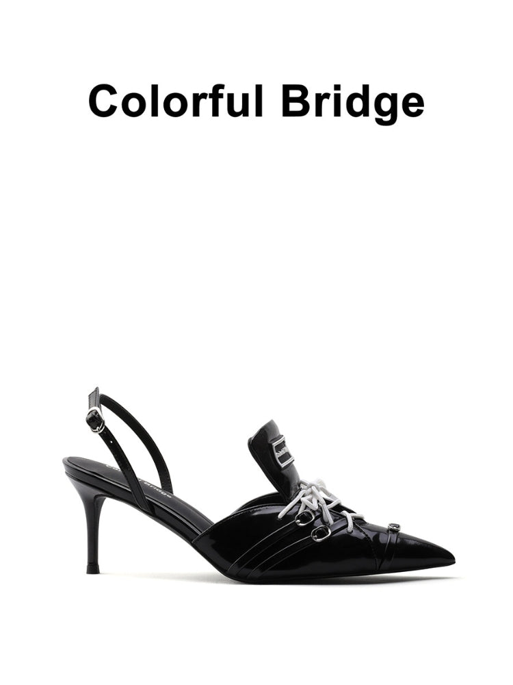 Racing-inspired Designer Sporty High-Heel Pointed-Toe Black Sandals