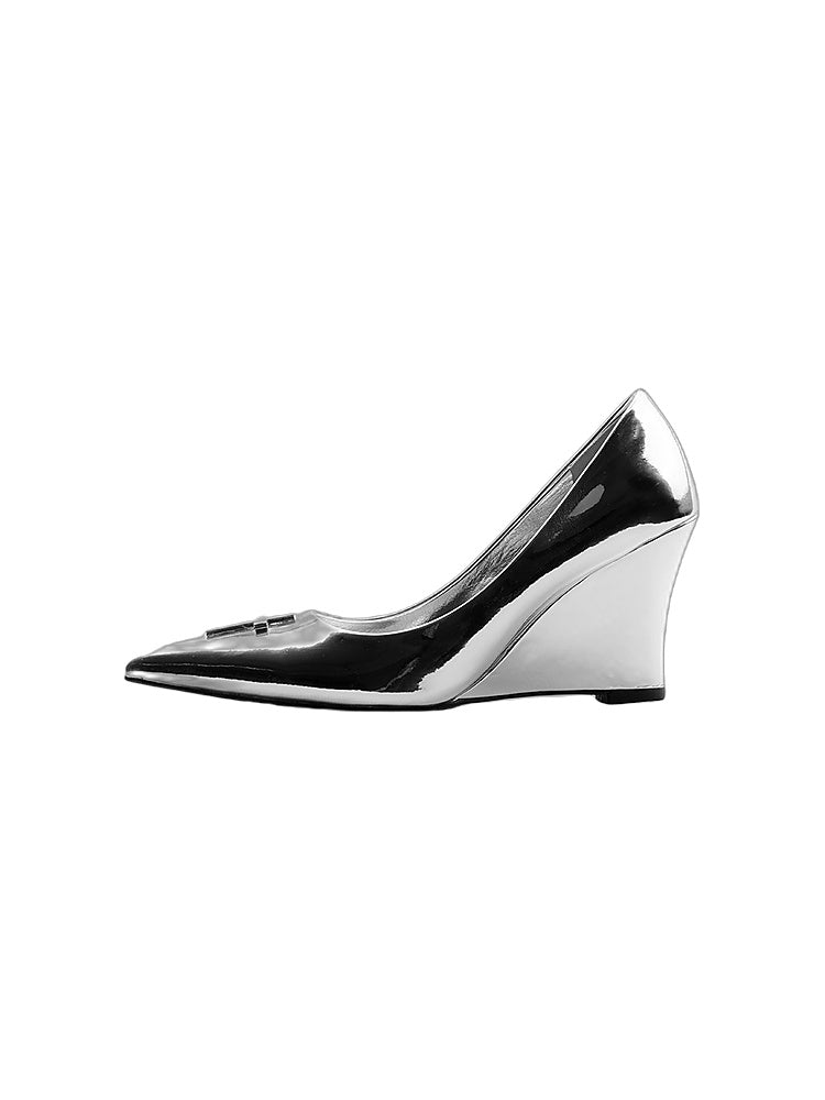 Silver Mirror Leather Wedge Heels