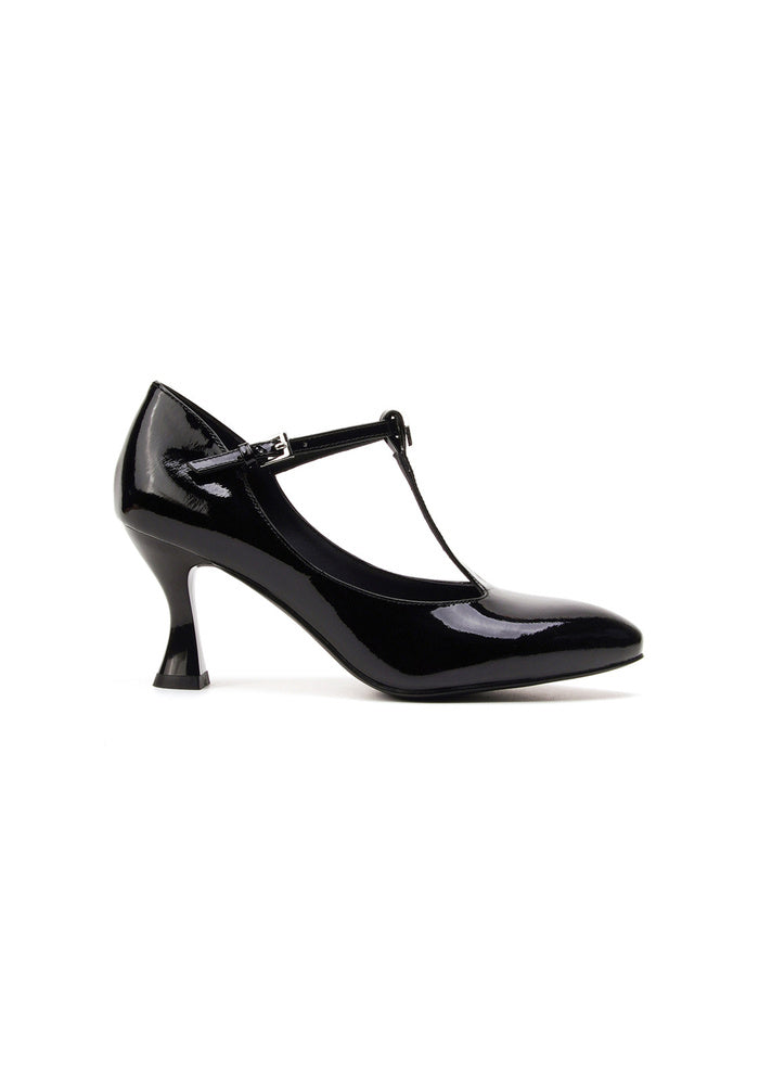 "Nightingale" Black Patent Leather T-Strap Mary Jane Pumps 7.5CM Sculpted Flared Heel Vintage Avant-Garde Dress Heels