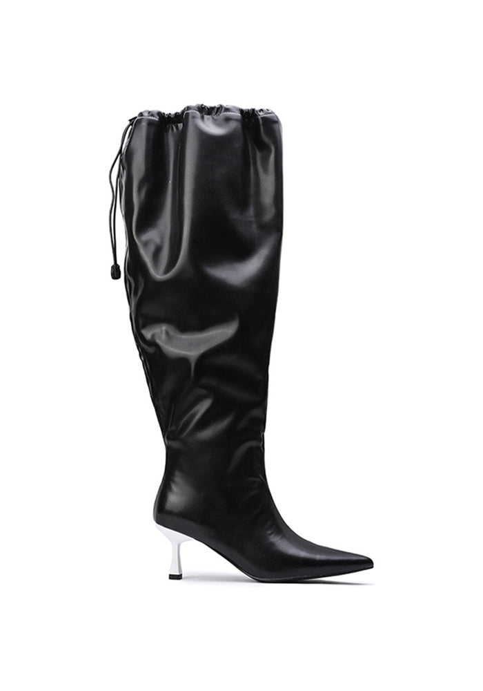 "Nightveil" Matte Leather Drawstring Knee-High Stiletto Boots 6.5CM Sculpted Heel Avant-Garde Pointed Tall Boots