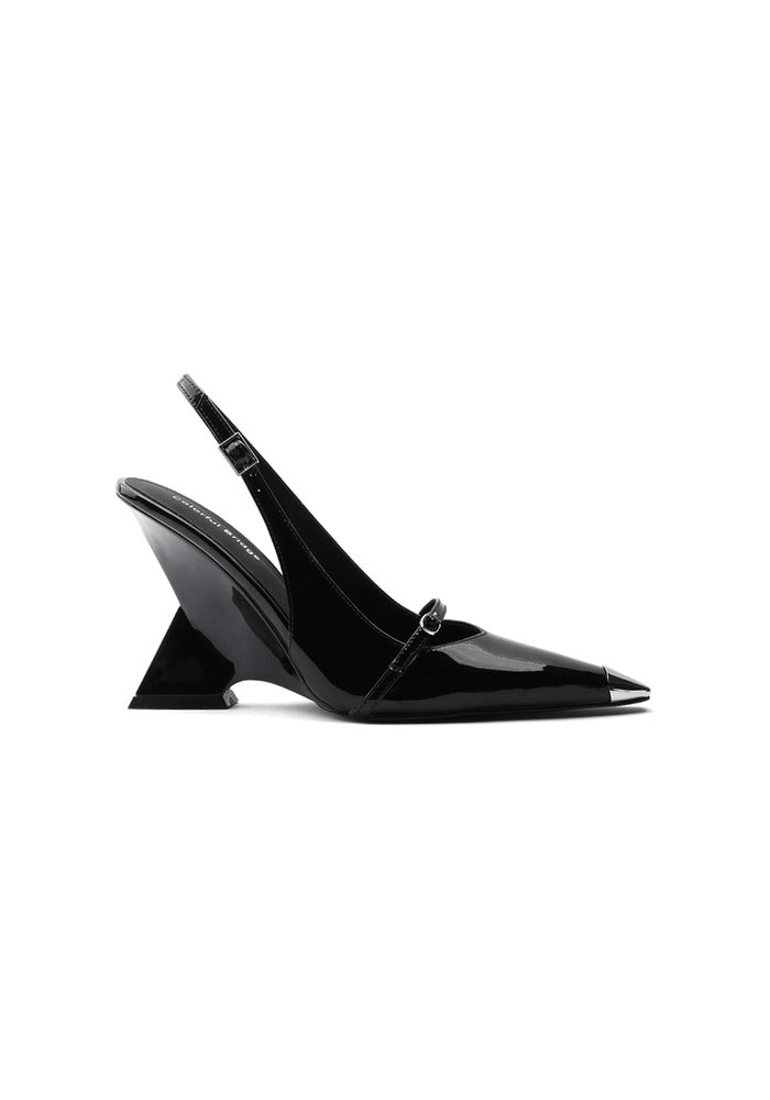 Patent Leather Slingback Pumps 10CM Geometric Triangle Sculpted Wedge Heel Metal Point Cap Avant-Garde Mary Jane Heels