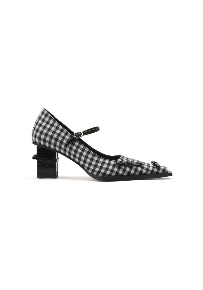 Gingham Mary Jane Block Heel Pumps 6.5CM Vintage Avant-Garde Square Toe Shoes
