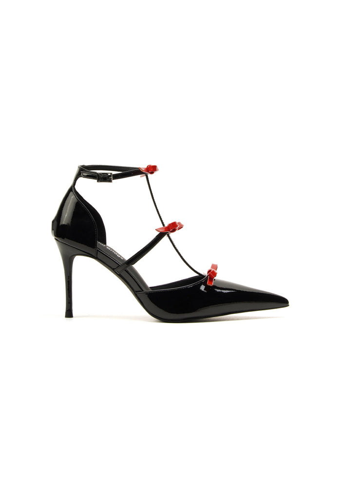 Triple Red Bow T-Strap Ankle Stiletto Pumps 8.5CM Romantic Avant-Garde Pointed Heels