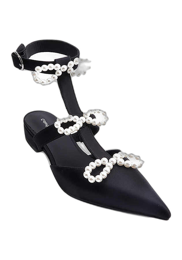 Mulberry Silk Pearl Bow Flat Sandals 2.5CM Pointed Toe Ankle Strap T-Strap Mules