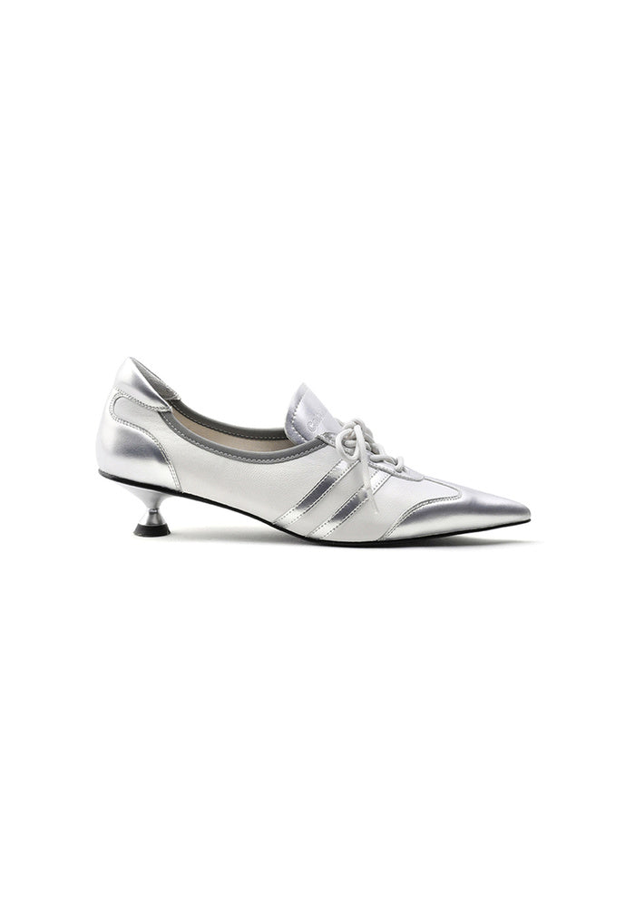 Silvertrail" Metallic Silver Cow Leather Lace-Up Pointed Toe Low Kitten Heel Derby Pumps 3.5CM Futuristic Avant-Garde Dress Shoes