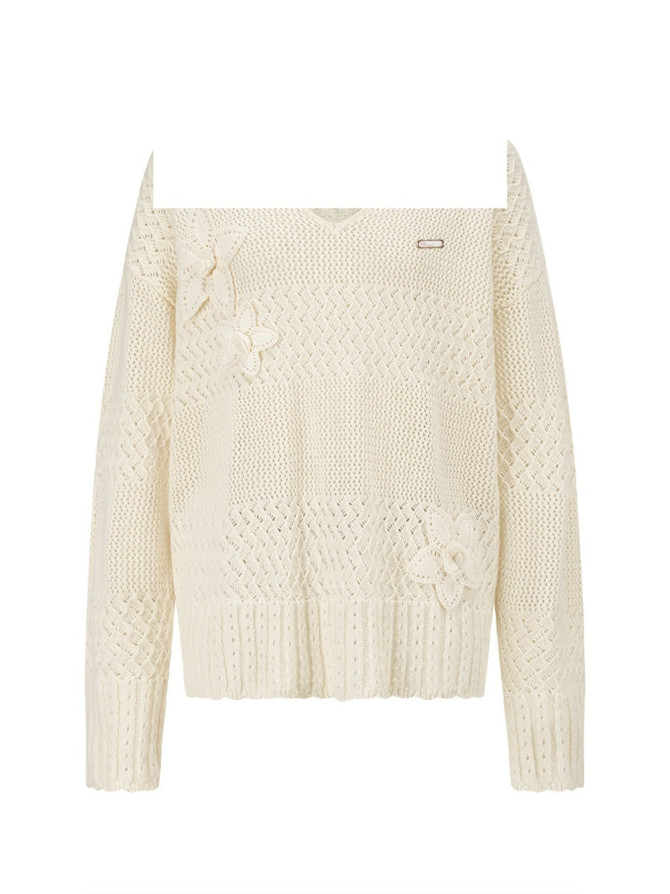 SHROENRO Floral V-Neck Openwork Knit Sweater for Women