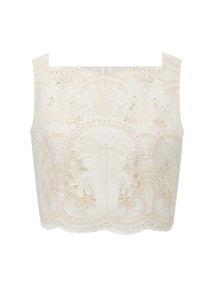 SHROENRO French-inspired Sweet Style Exquisite Openwork Lace Fitted Sleeveless Tank Top