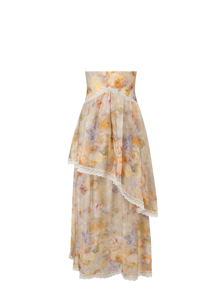SHROENRO New Arrival: Resort-Style, Waist-Cinched, Lace-Paneled, Oil-Print, Floral-Printed, Designer-Style Spaghetti-Strap Dress
