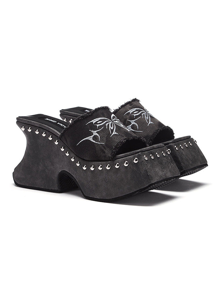 Arcadiagyal Original Design XG-Style Raw Edge Butterfly Platform Flip-Flops Y2K Lifted Sandals