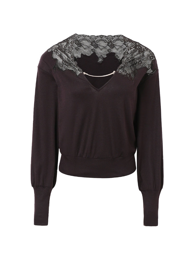 CNLEEWEI V-neck Lace-Embroidered Reversible Knit Top