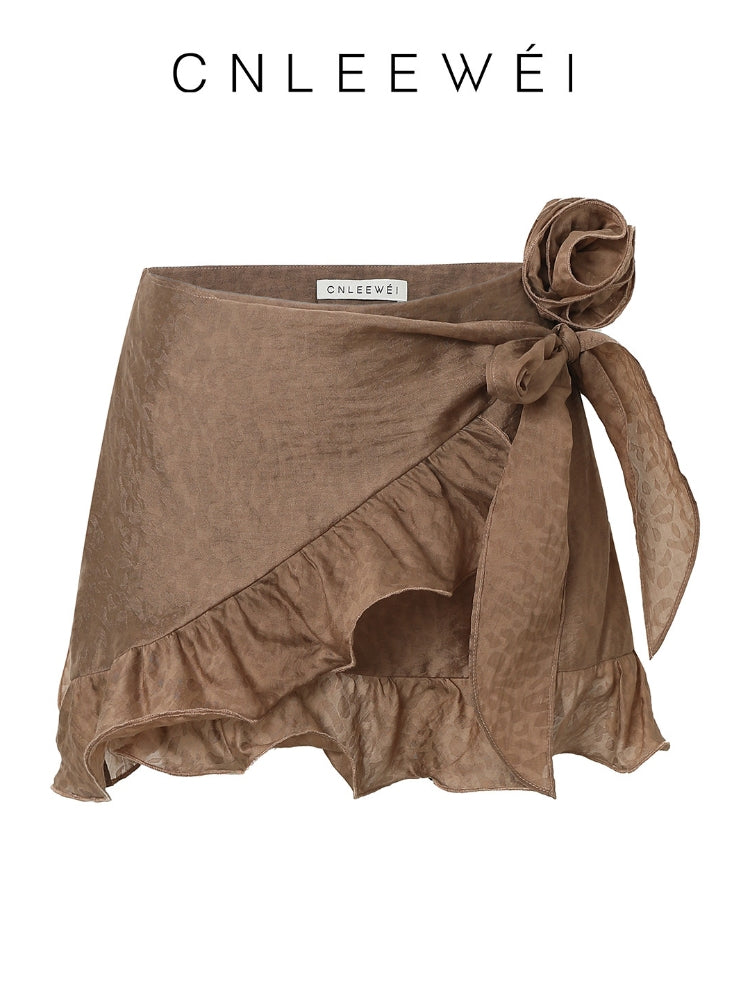 CNLEEWEI Ruffled, Detachable Flower, Leopard-Print Jacquard Wrap-Style Mini Skirt