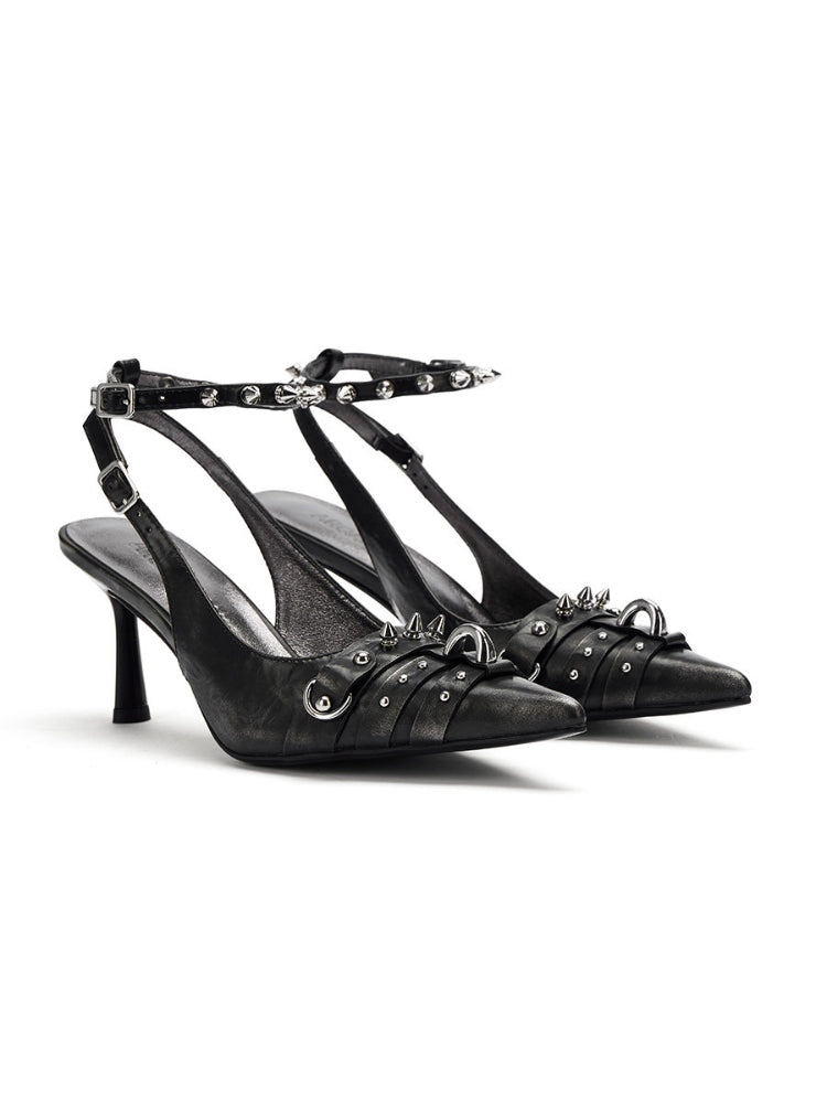 Arcadiagyal Original Design Women Designer Sandals Cut-Out Punk Antique Finish Leather Stiletto High Heels