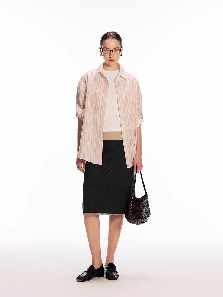 Dpercent Tencel Cotton Color-Blocked, Loose-Fit Casual Shirt with Rolled Sleeves and Reversible Design: Striped Pink Shirt