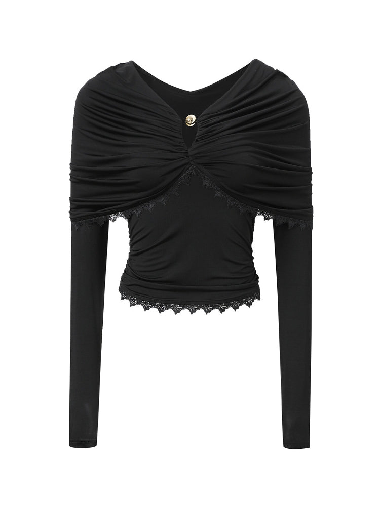 CNLEEWEI Lace-Paneled Pleated Wrap-Style Knit Top