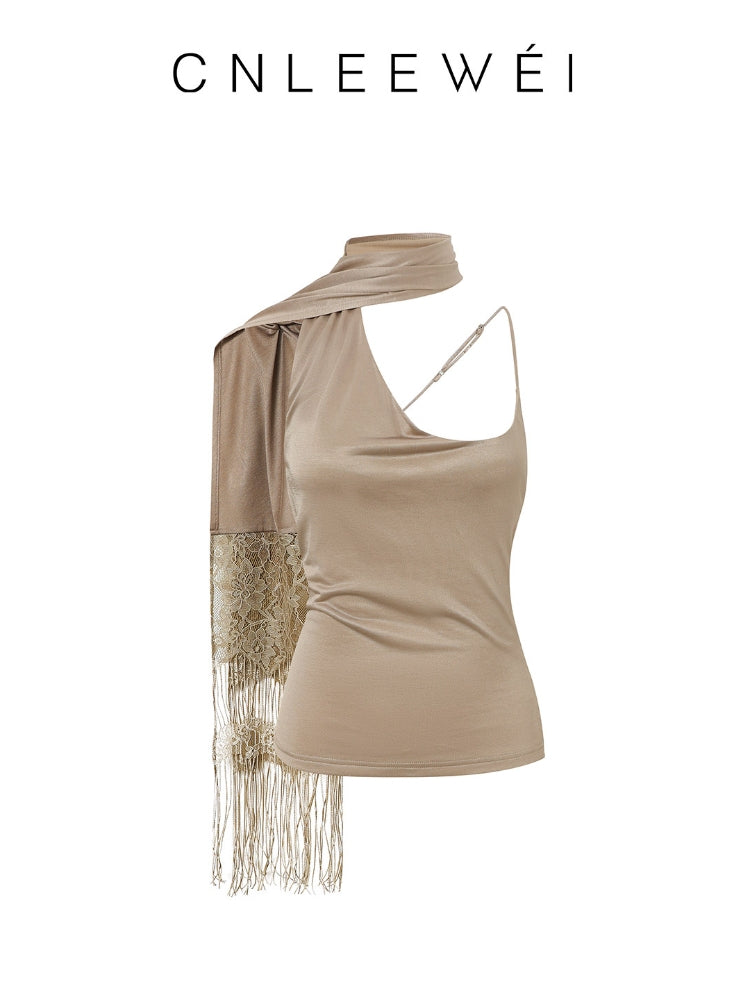 CNLEEWEI Women's Off-the-Shoulder Spaghetti-Strap Tank Top with Lace and Fringe Accents