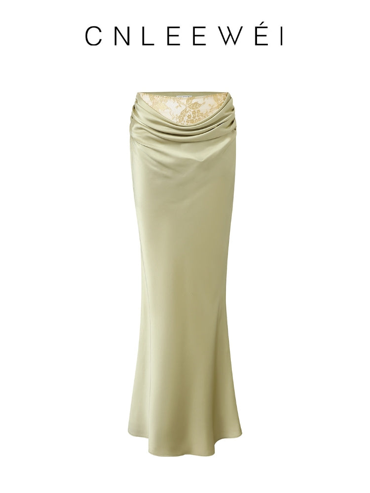 CNLEEWEI Women's Sexy Acetate Lace-Panel Pleated Satin Fishtail Skirt