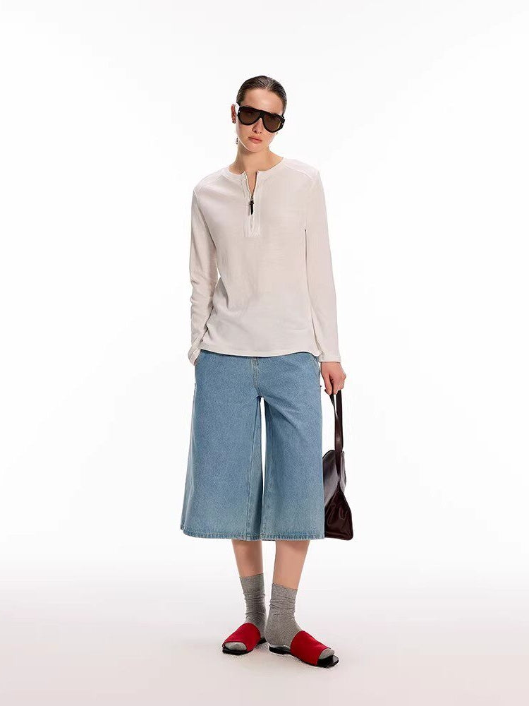 Dpercent Frayed Henley Neckline British-Style Leather Zipper Split-Hem Long-Sleeve Top