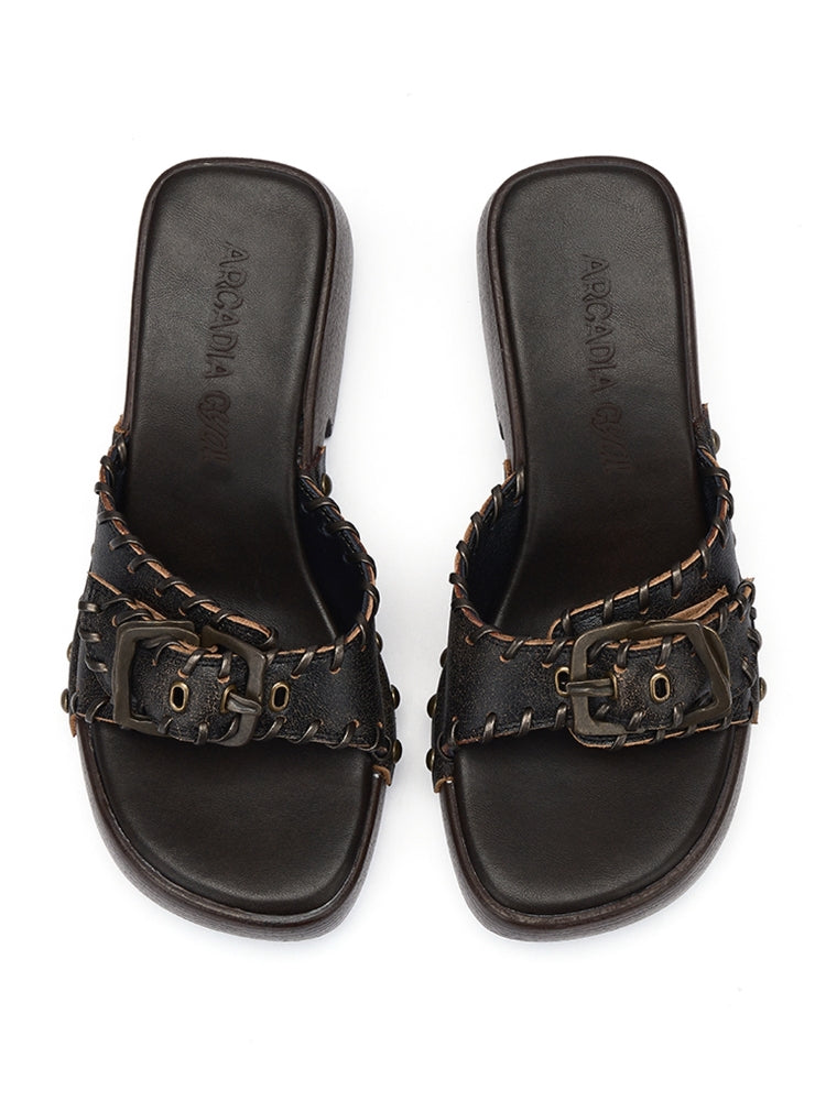 Arcadiagyal Original Design Woven Genuine Leather Platform Flip-Flops Toe Post Slippers Clogs