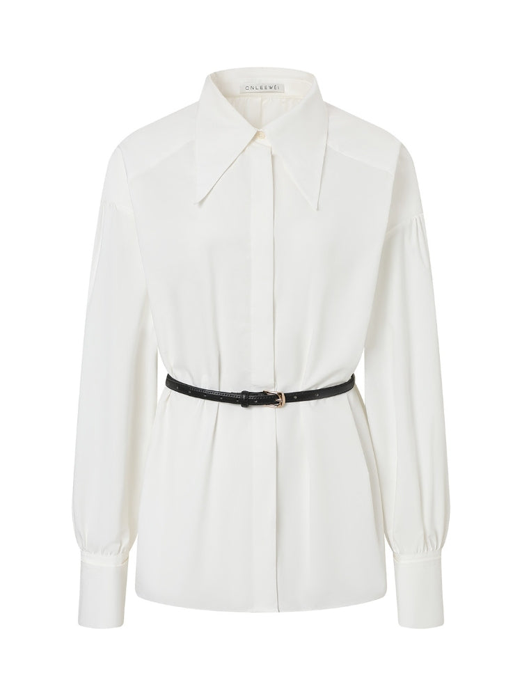CNLEEWEI Detachable Color-Blocked Skin-Tight Belt with a Unique Pointed Collar and Puffed Sleeves Shirt