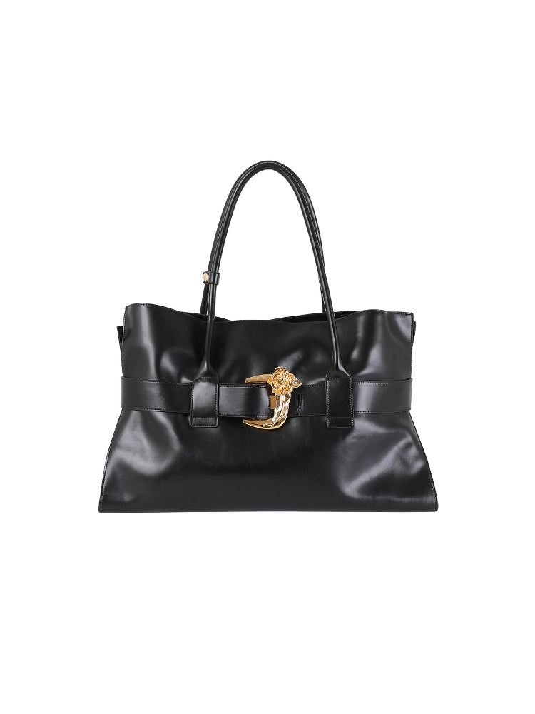 CNLEEWEI Large Genuine Leather Tote Bag with Metal Flower Buckle and Vintage Design