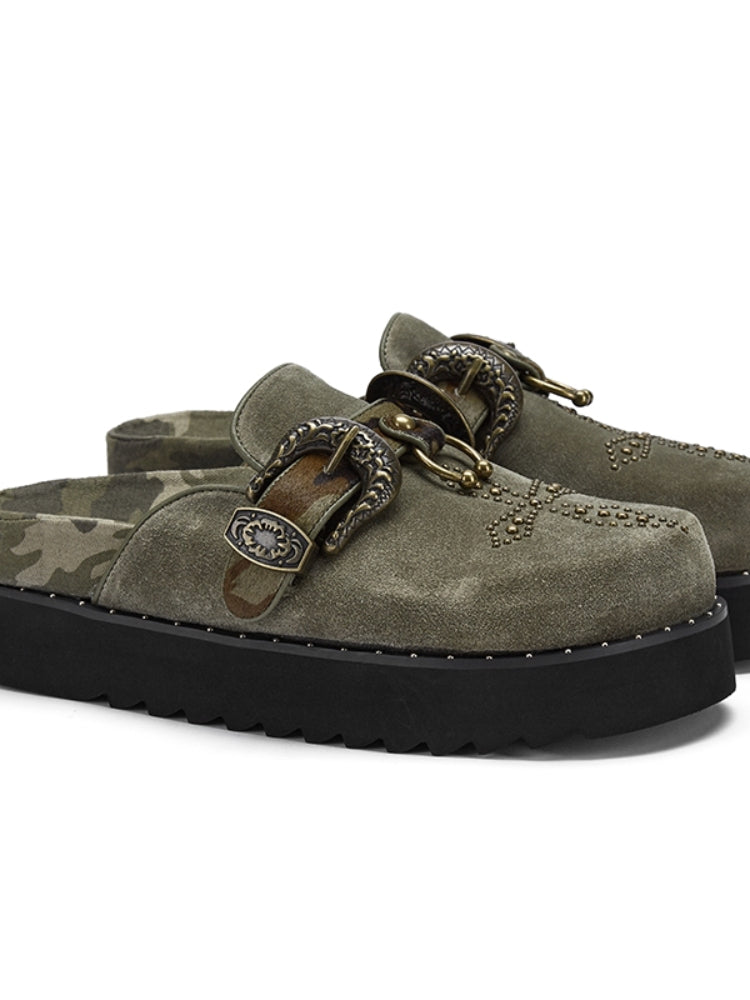 Arcadiagyal Designer Cross Studded Horsehair Leather Platform Closed Toe Birkenstock-Style