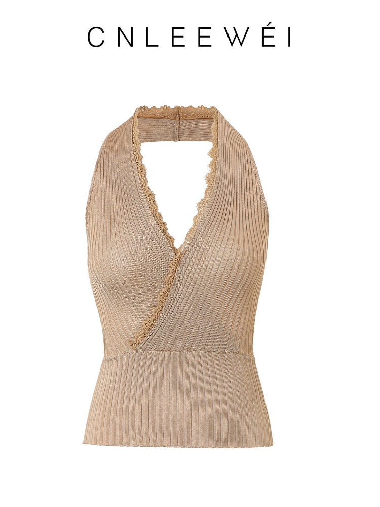 CNLEEWEI Lace-Panel V-Neck Halter-Neck Ice-Silk Knit Tank Top