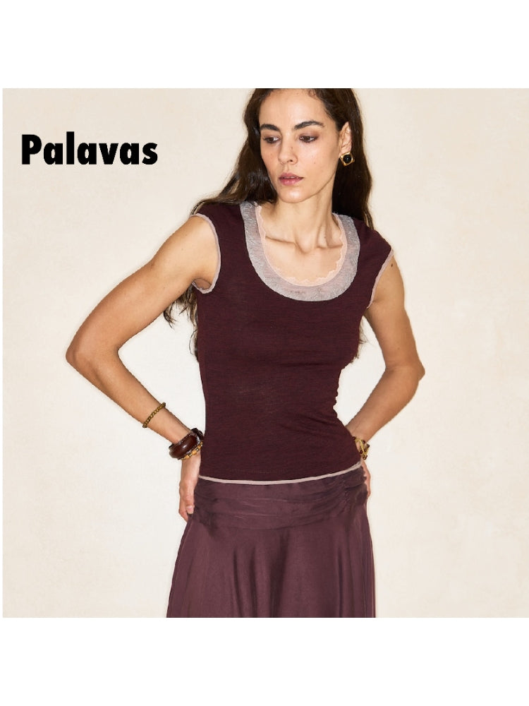 Twilight Pomegranate Lace Short-Sleeve Patchwork T-Shirt: A Unique, Designer-Style Top