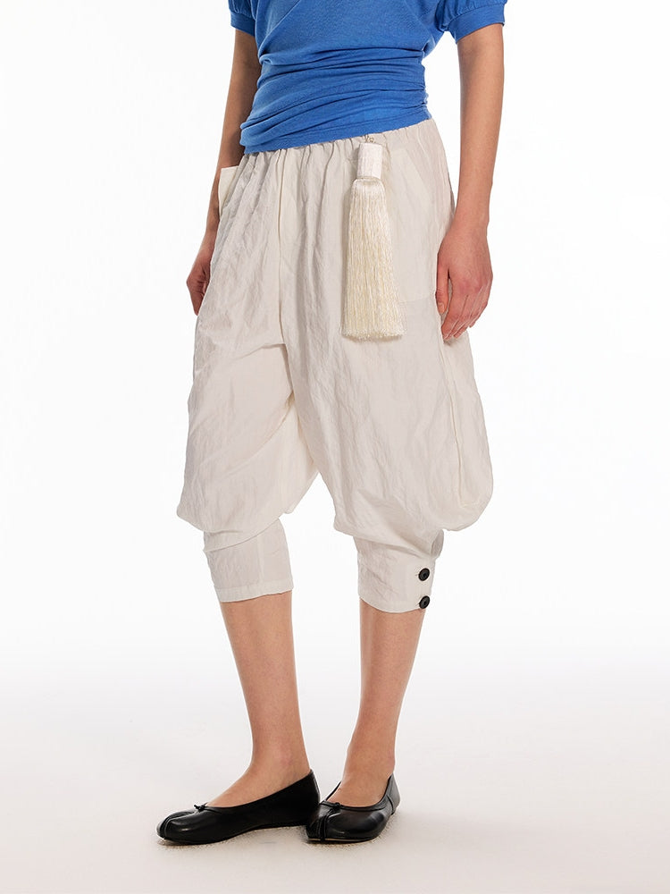 Dpercent Asymmetrical-Pocket, Textured Silk-Like, 7/8-Length, Wide-Leg, Relaxed-Fit, Stretch-Waist, Balloon Pants