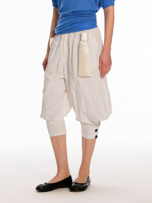 Asymmetrical-Pocket, Textured Silk-Like, 7/8-Length, Wide-Leg, Relaxed-Fit, Stretch-Waist, Balloon Pants