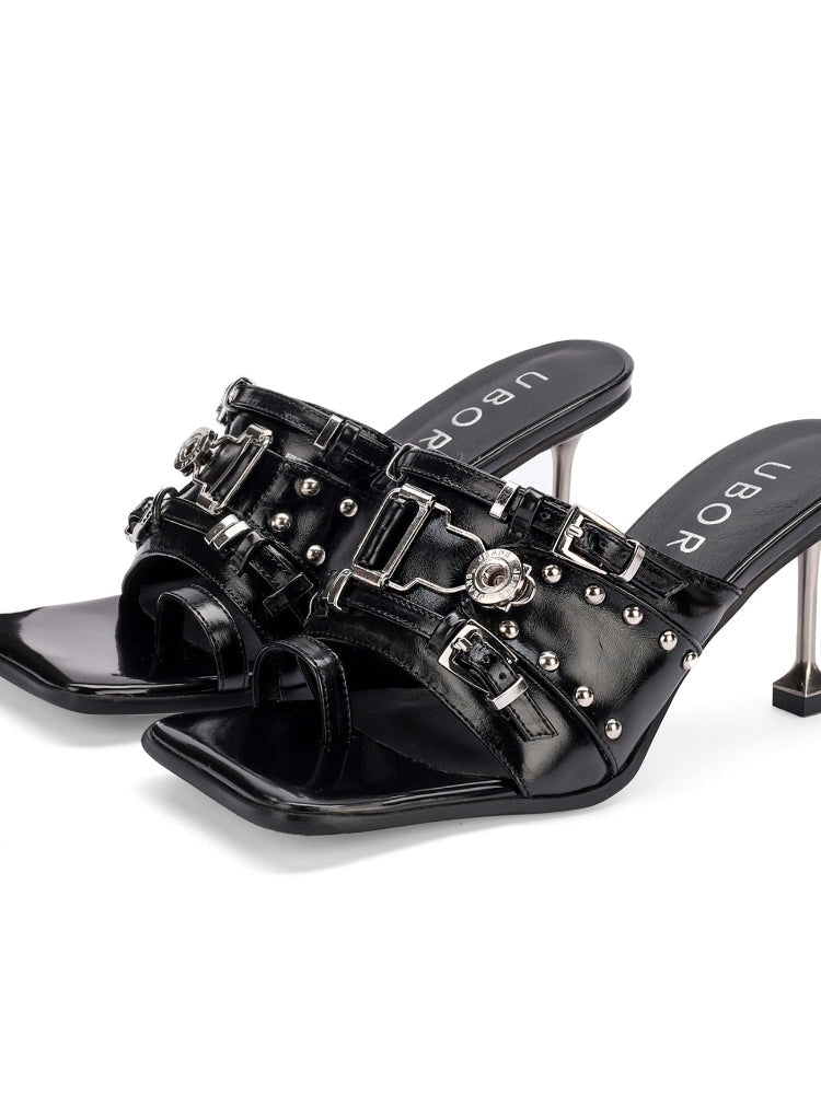 UBORYA Punk-Style Stiletto Sandals with Openwork Metal Accents, Perfect for Wearing with Skirts—Easy-to-Wear, Chunky-Heeled Sandals