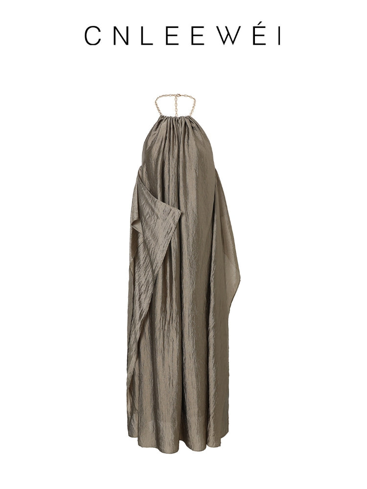 CNLEEWEI Detachable Chain-Strap Neckline-Cutout A-Line Dress