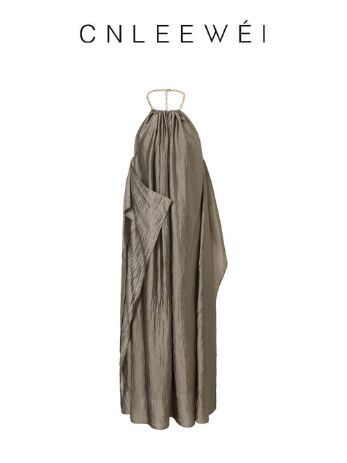 CNLEEWEI Detachable Chain-Strap Neckline-Cutout A-Line Dress
