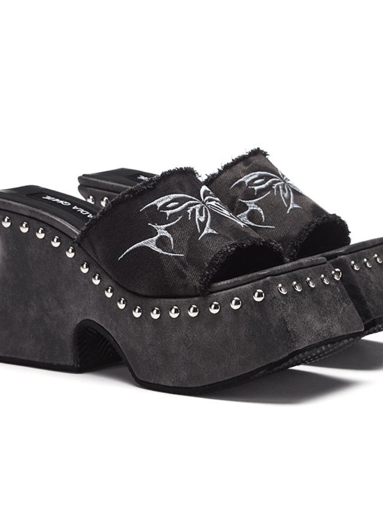 Arcadiagyal Original Design XG-Style Raw Edge Butterfly Platform Flip-Flops Y2K Lifted Sandals