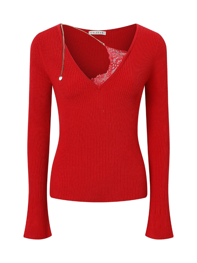 CNLEEWEI Lace V-Neck Chain-Detail Flared-Sleeve Knit Top